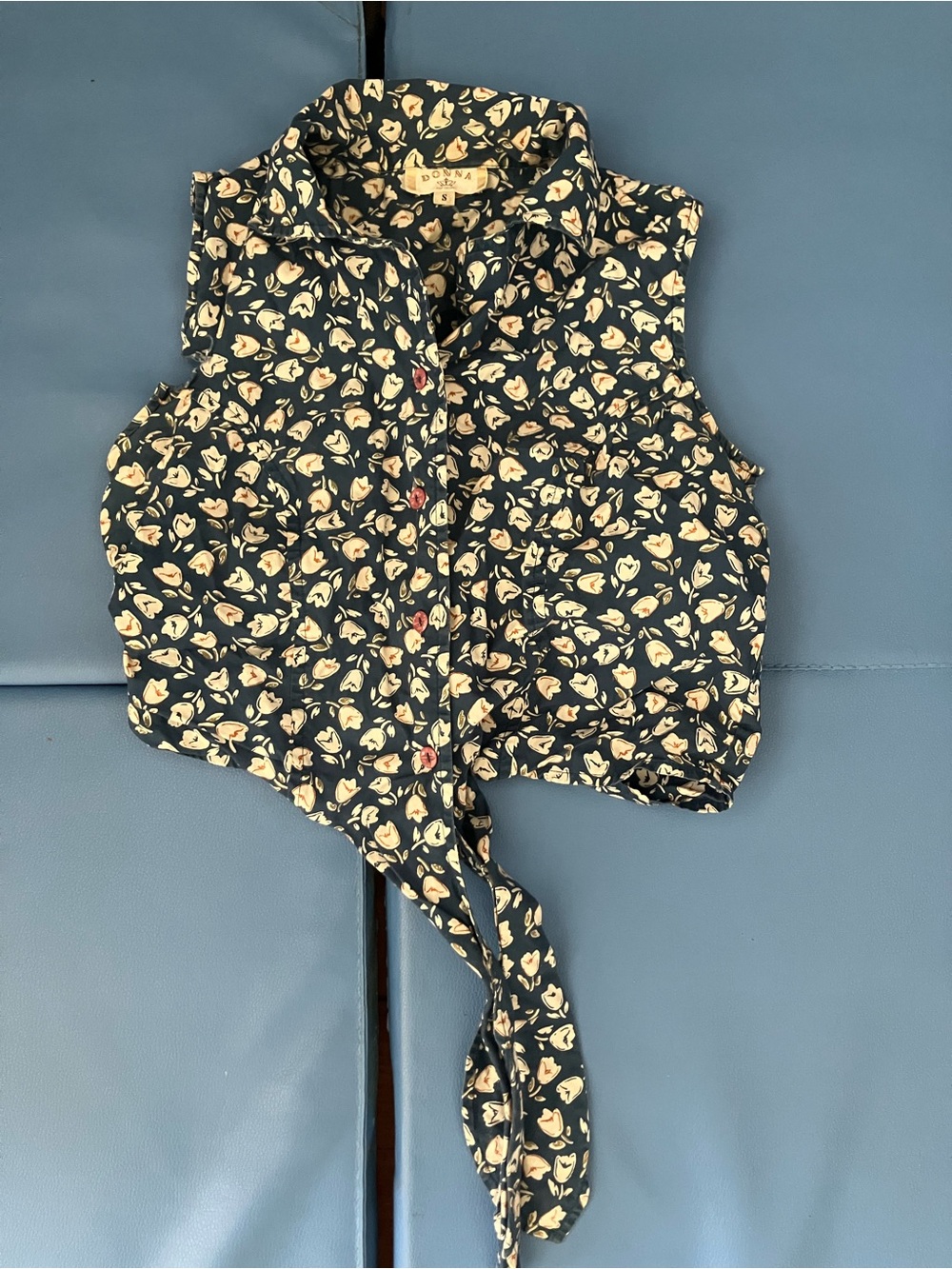 Blue Floral Cropped Sleeveless Tie Top